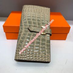 Hermes Bearn Wallet Alligator Leather Gold Hardware In Grey