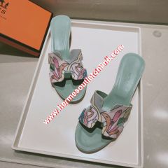 Hermes Oasis Sandal With Fantaisie Botanique Print Cotton Canvas Sky Blue