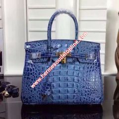 Hermes Birkin Bag Crocodile Leather Gold Hardware In Blue