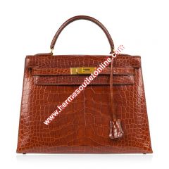 Hermes Kelly Bag Alligator Leather Gold Hardware In Brown