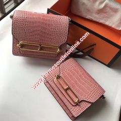 Hermes Roulis Bag Alligator Leather Gold Hardware In Pink