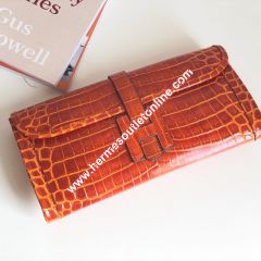 Hermes Jige Elan Clutch Alligator Leather In Orange