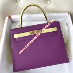 Hermes Kelly Bag Color Blocking Clemence Leather Gold Hardware In Purple