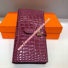 Hermes Bearn Wallet Alligator Leather Gold Hardware In Purple
