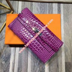 Hermes Kelly Wallet Alligator Leather Palladium Hardware In Purple