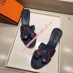 Hermes Oasis Sandal With Fantaisie Botanique Print Cotton Canvas Navy Blue