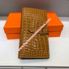 Hermes Bearn Wallet Alligator Leather Gold Hardware In Brown