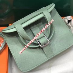 Hermes Halzan Bag Palladium Hardware Clemence Leather In Mint Green