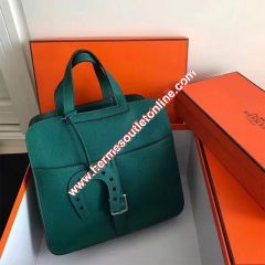 Hermes Halzan Bag Palladium Hardware Clemence Leather In Green