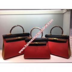 Hermes Kelly Bag Color Blocking Clemence Leather Gold Hardware In Red