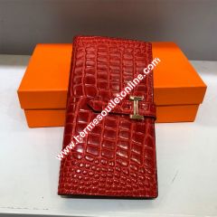 Hermes Bearn Wallet Alligator Leather Gold Hardware In Red