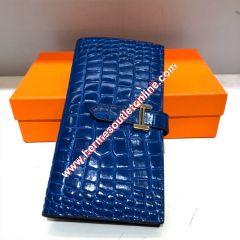 Hermes Bearn Wallet Alligator Leather Gold Hardware In Blue